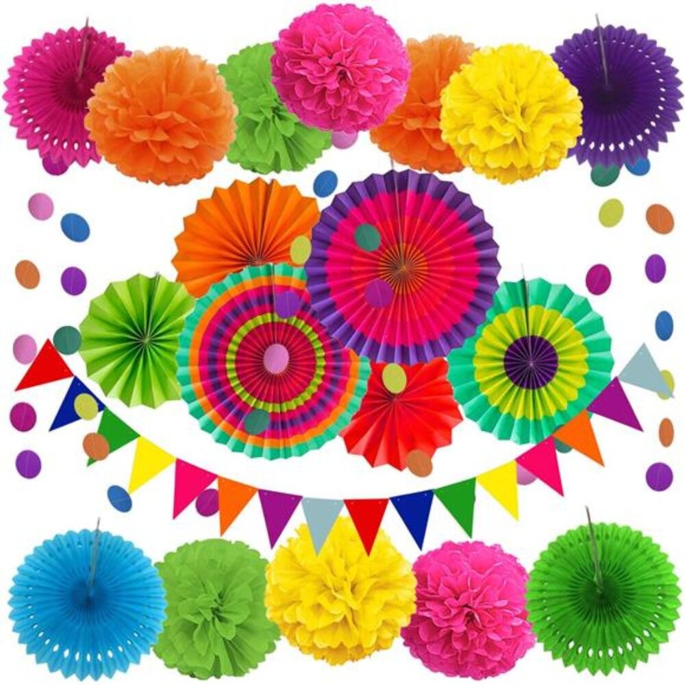 21 Pcs Multi-color Hanging Paper Fans Pom Poms Flowers Garlands String Polka Dot